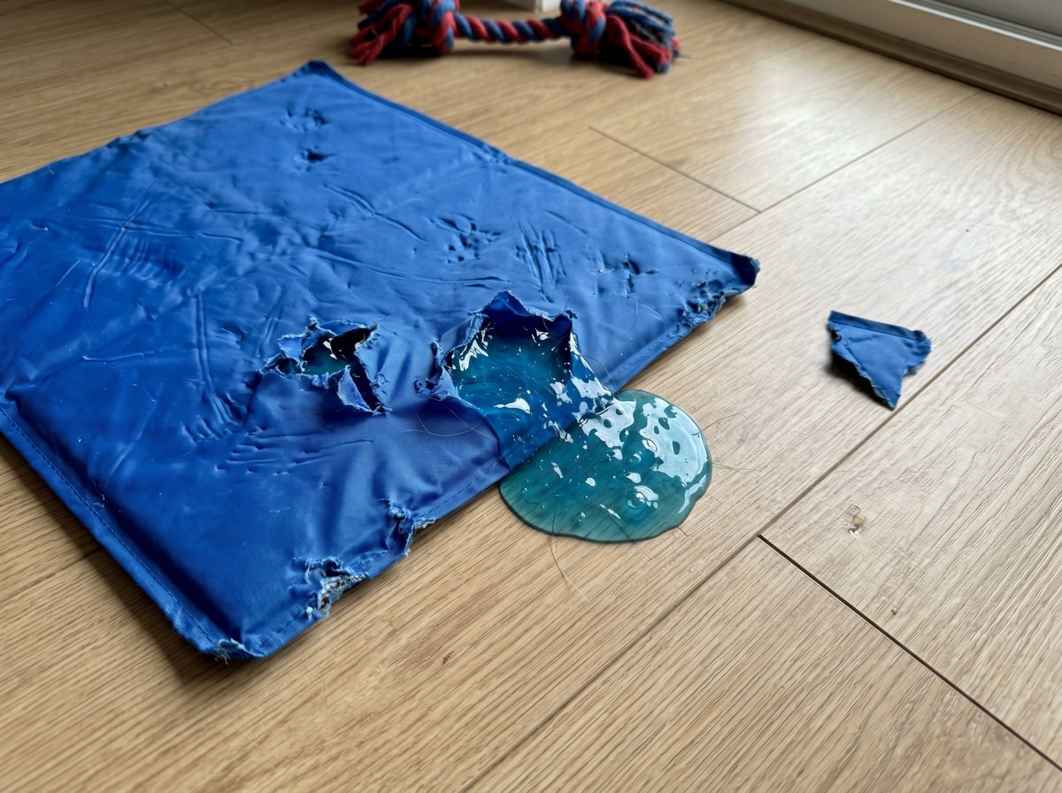 Aufgeplatzte Gel-Kühlmatte mit auslaufendem Gel auf dem Boden