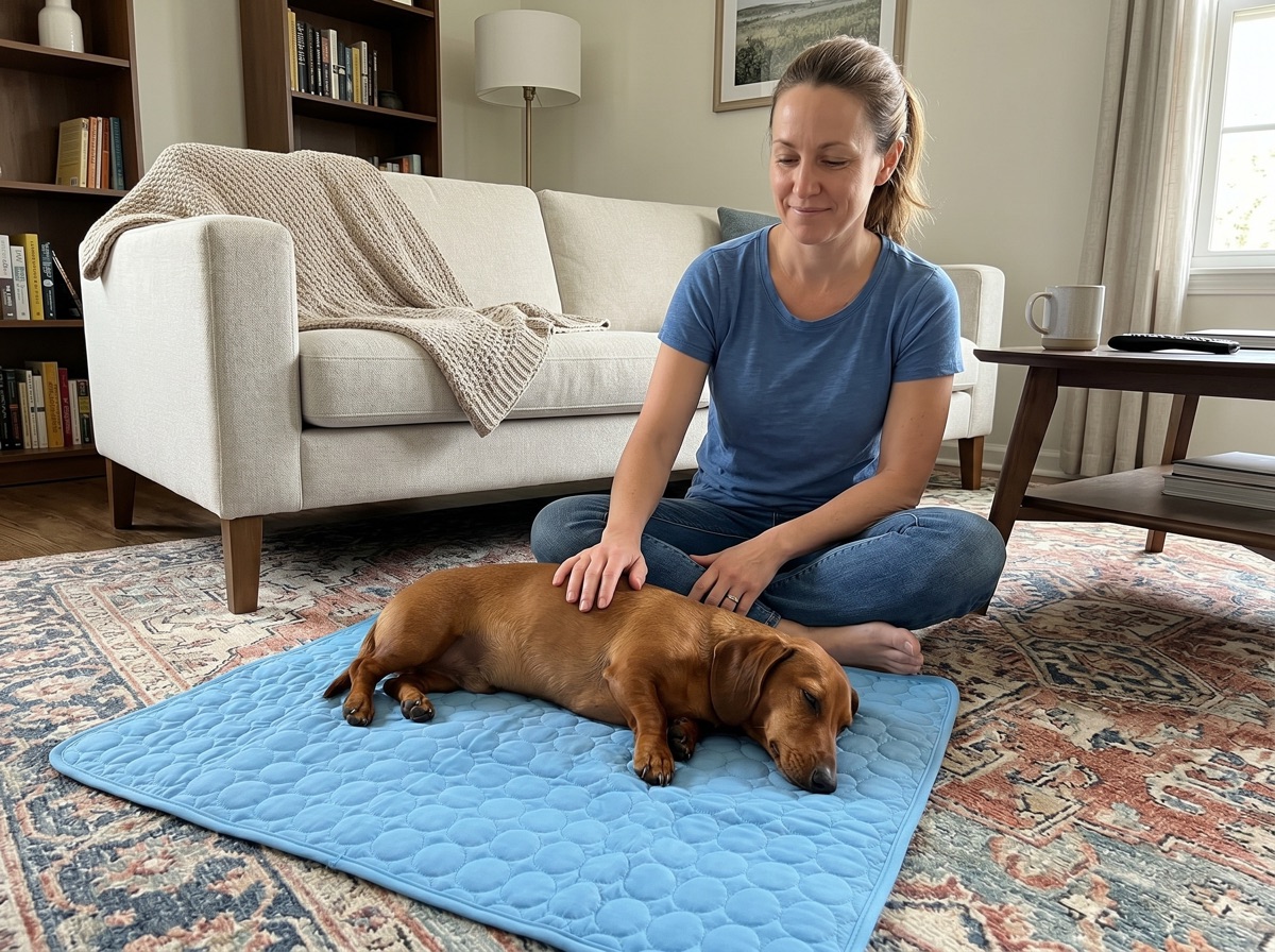Frau mit Dackel auf der Fellido Kühlmatte im Wohnzimmer
