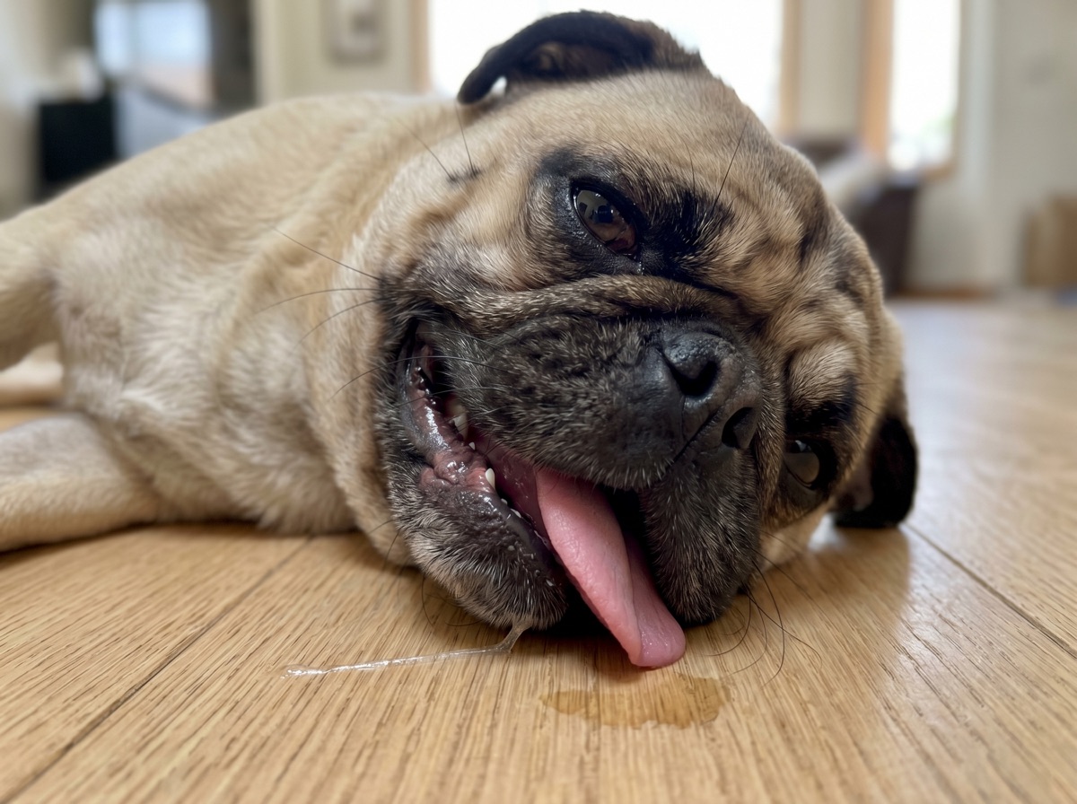 Mops hechelt erschöpft, Nahaufnahme — Zunge weit draußen