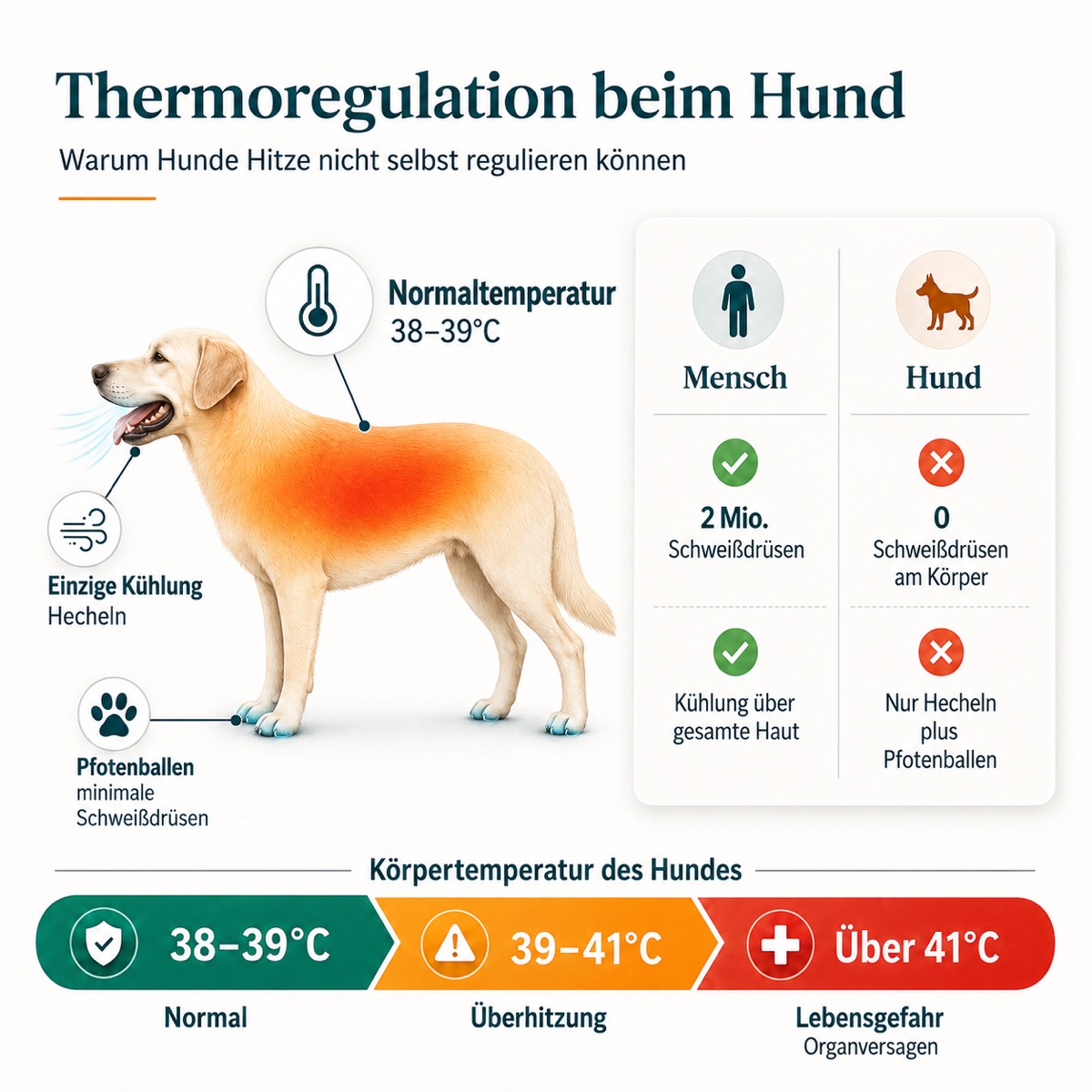 Infografik: Thermoregulation beim Hund — warum Hunde Hitze nicht selbst regulieren können